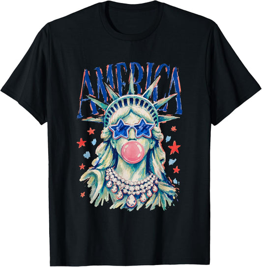 Statue of Liberty Blowing Bubble Girly America 4th of July T-Shirt - T-Shirt | Black