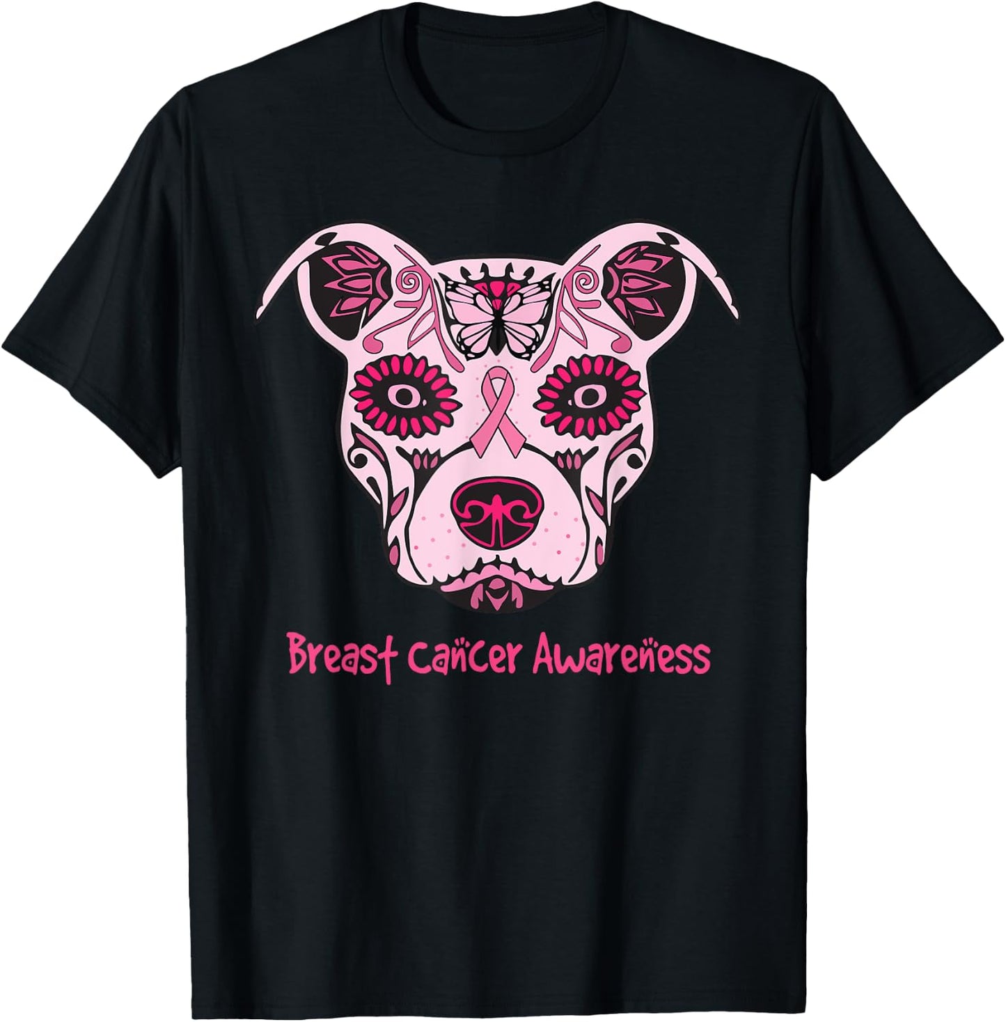 Sugar Pitbull Dog Breast Cancer Awareness Day Of The Dead Men Women Girls Kids T-Shirt - T-Shirt | Black