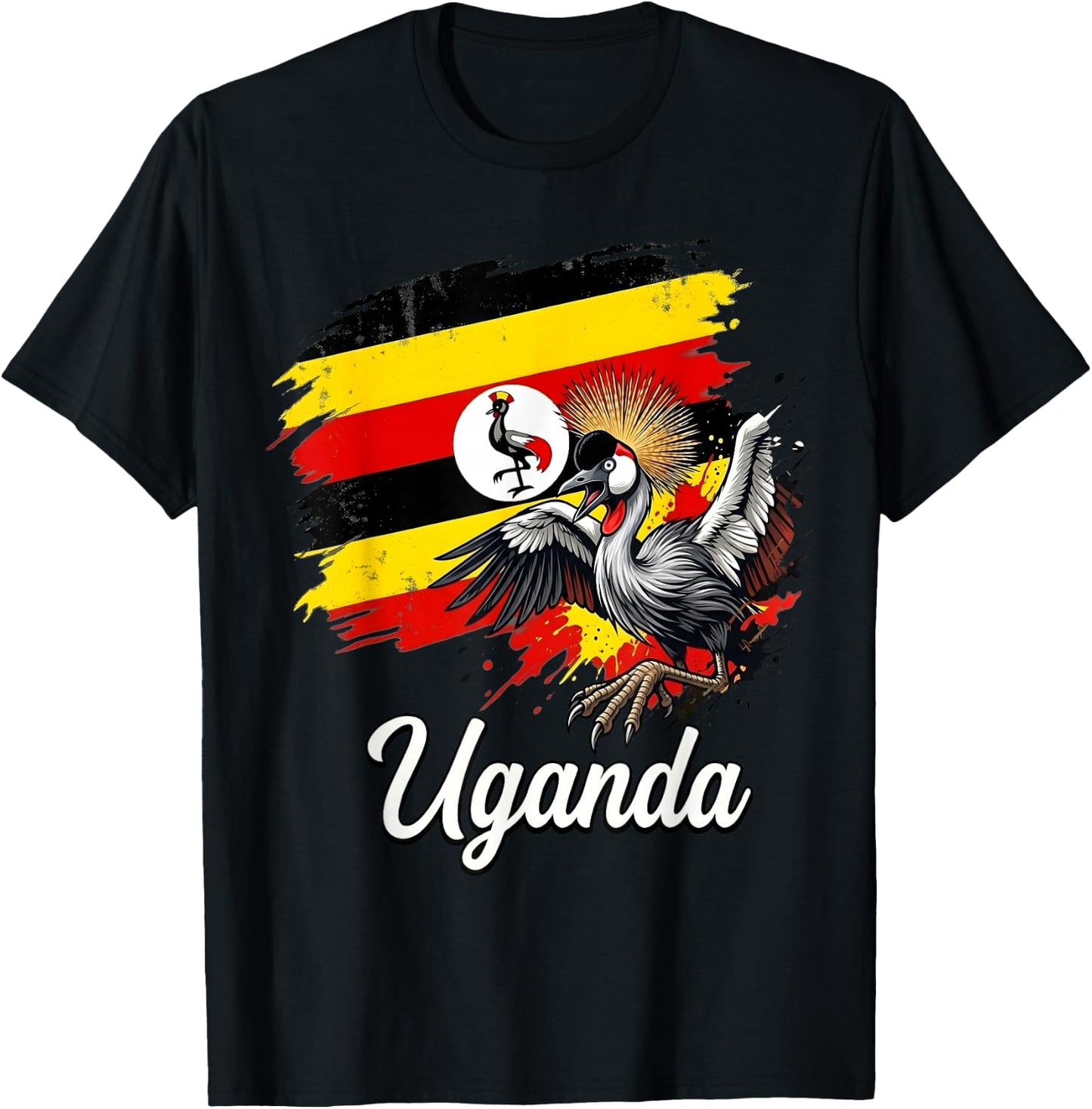 Uganda Flag Grey Crowned Crane National Bird T-Shirt - T-Shirt | Black