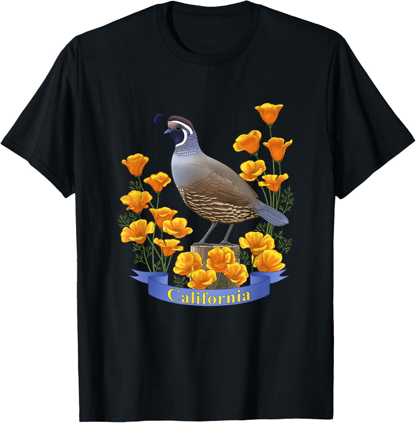 California Valley Quail State Bird & Golden Poppy Flowers T-Shirt - T-Shirt | Black