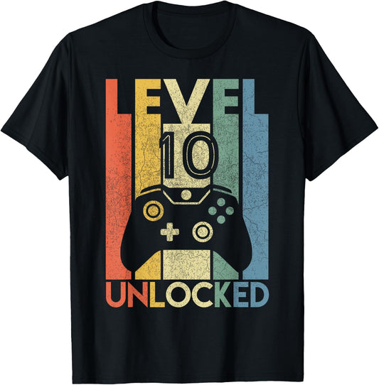 Level 10 Unlocked Shirt Funny Video Gamer 10th Birthday Gift T-Shirt - T-Shirt | Black