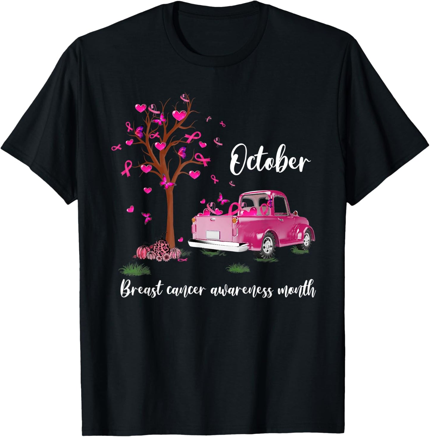 Pink Truck Pumpkin October Breast Cancer Awareness Month T-Shirt - T-Shirt | Black