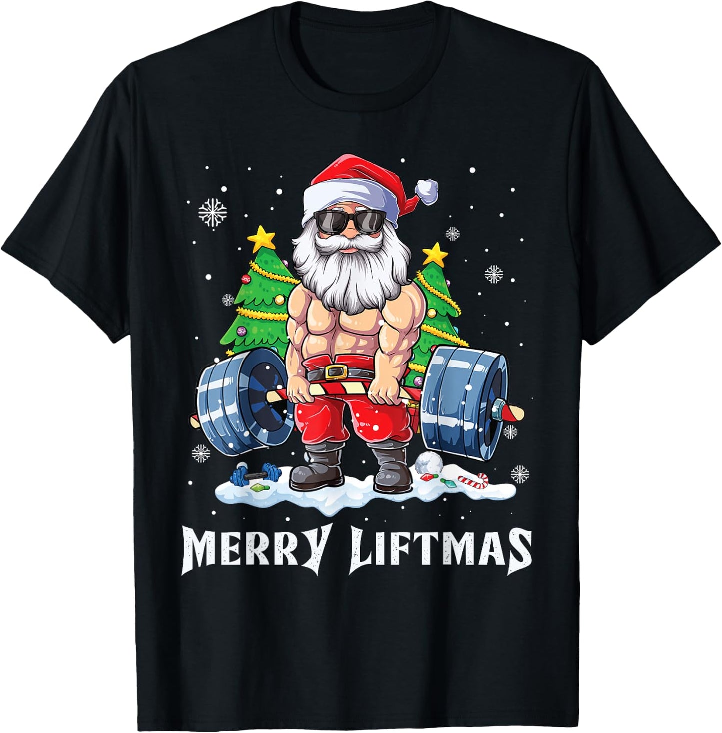 Merry Liftmas Funny Santa Claus Gym Fitness Weightlifting T-Shirt - T-Shirt | Black