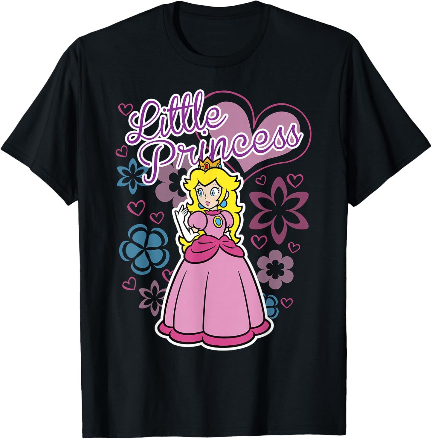 Super Mario Peach Little Princess Flowers and Hearts Poster T-Shirt - T-Shirt | Black