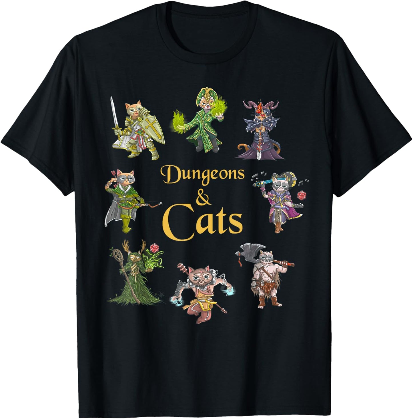 Dungeons And Cats Funny Cute Tabletop Gaming Geek Roleplay T-Shirt - T-Shirt | Black