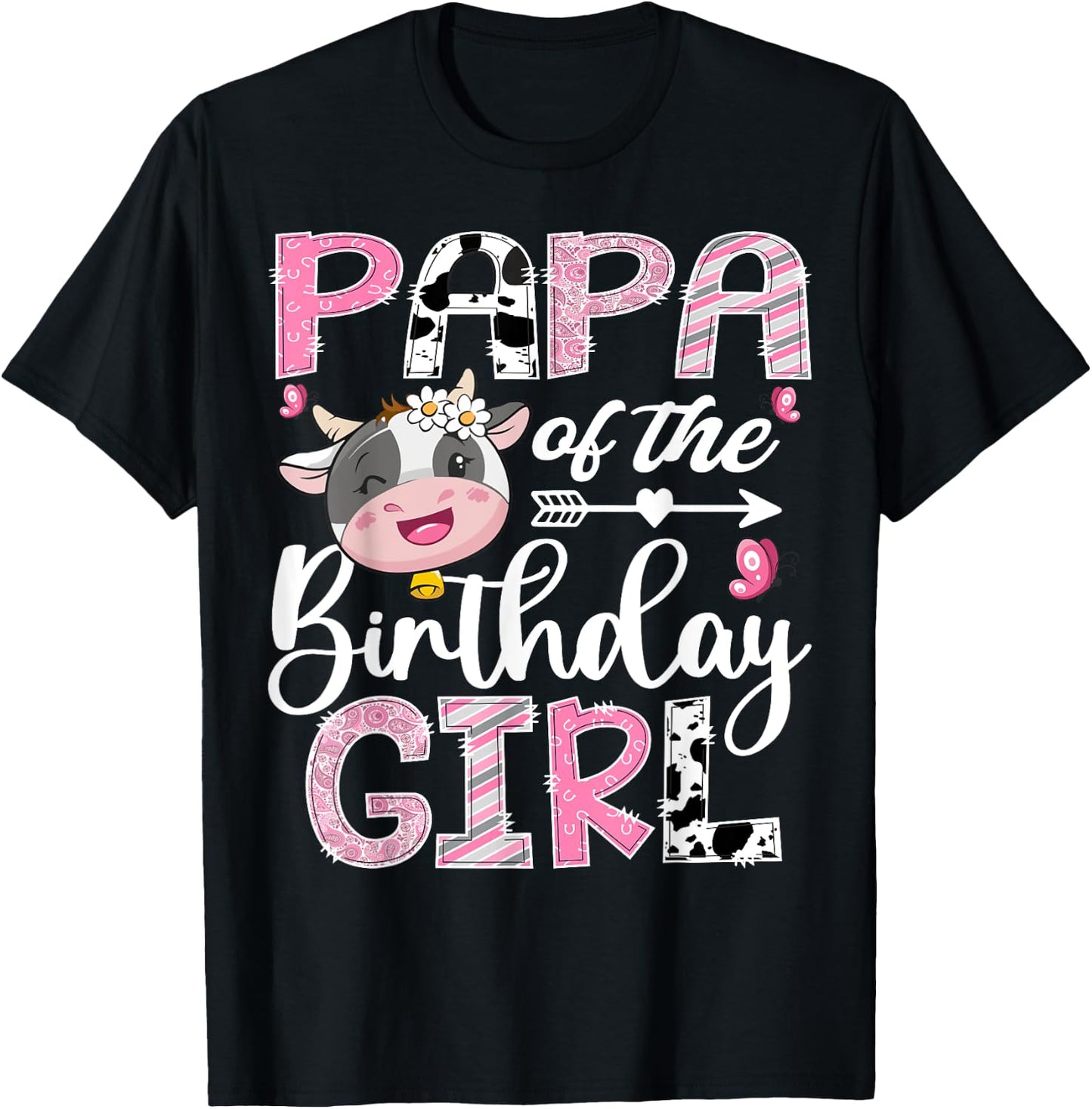 Papa Of The Birthday Girl Pink Farm Cow 1St Birthday T-Shirt - T-Shirt | Black