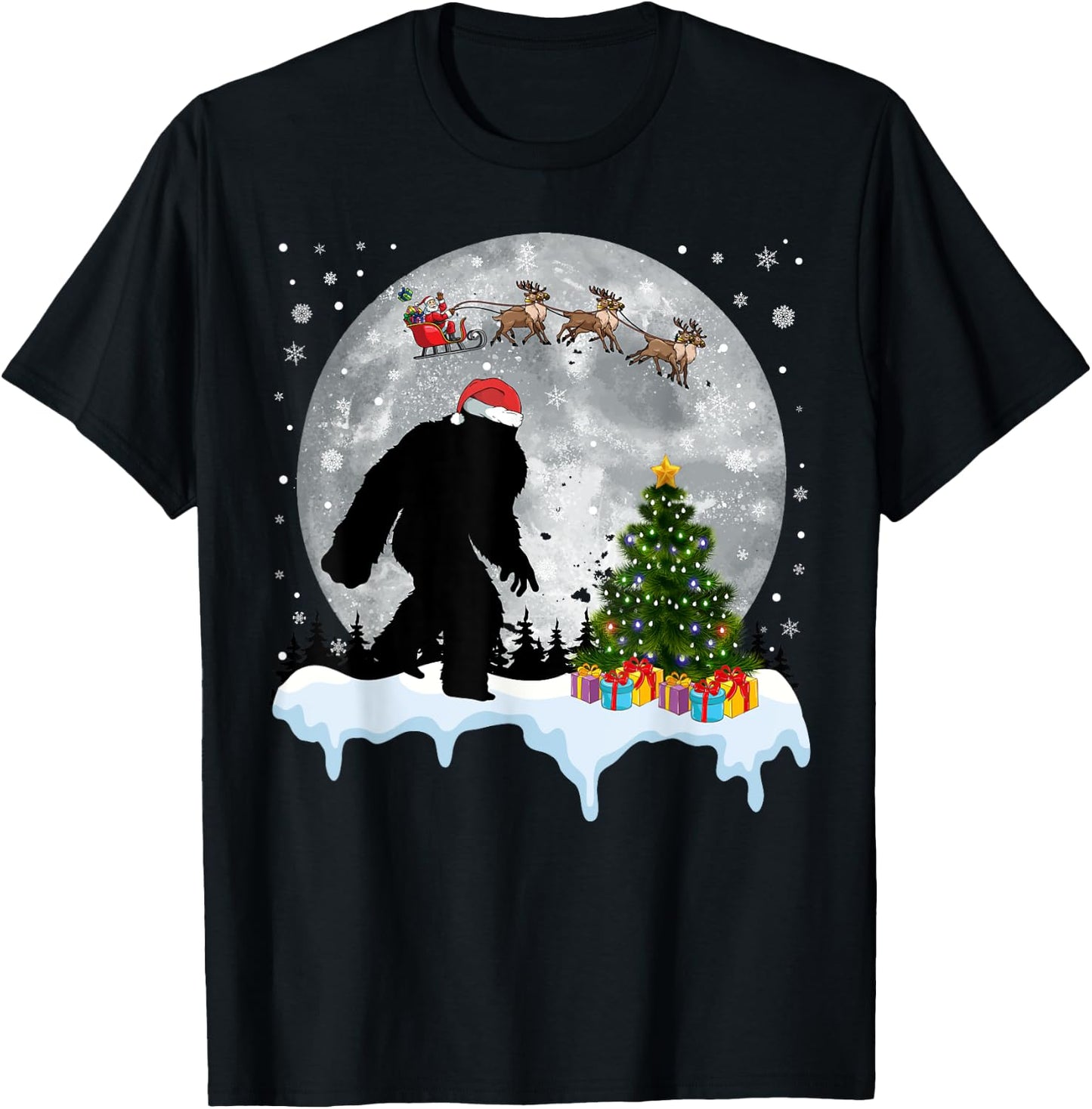 Christmas Bigfoot Santa Tree Sleigh Moon Reindeer Snow T-Shirt - T-Shirt | Black