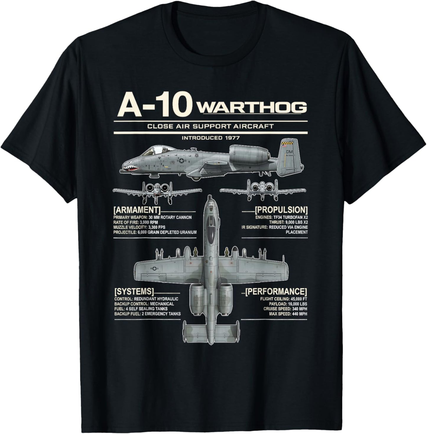 A-10 Warthog Military Jet Spec Infographic T-Shirt - T-Shirt | Black