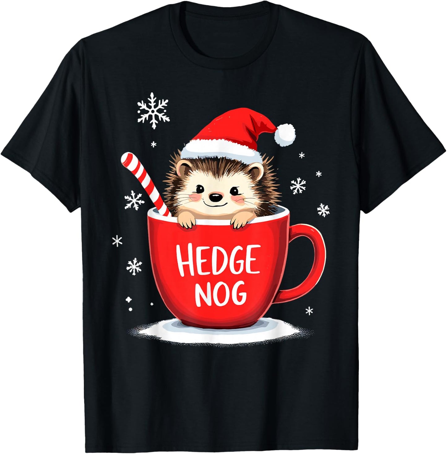 Cute Santa Hedgehog Eggnog Hedge Nog Merry Christmas T-Shirt - T-Shirt | Black