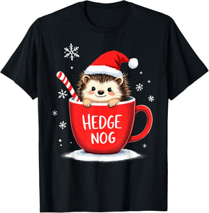 Cute Santa Hedgehog Eggnog Hedge Nog Merry Christmas T-Shirt - T-Shirt | Black