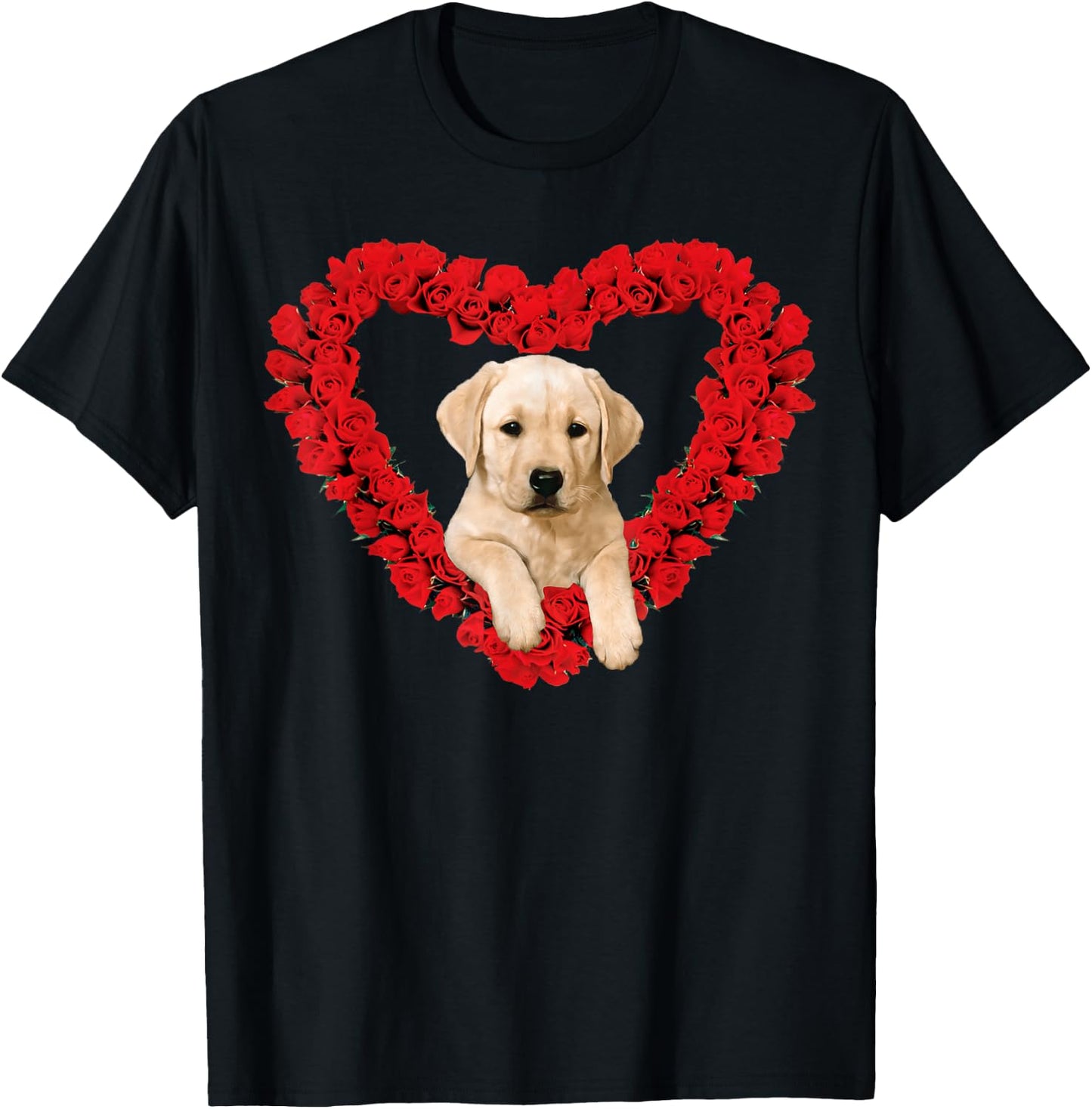 Rose Heart Yellow Lab Puppy Valentines Day Cute T-Shirt - T-Shirt | Black