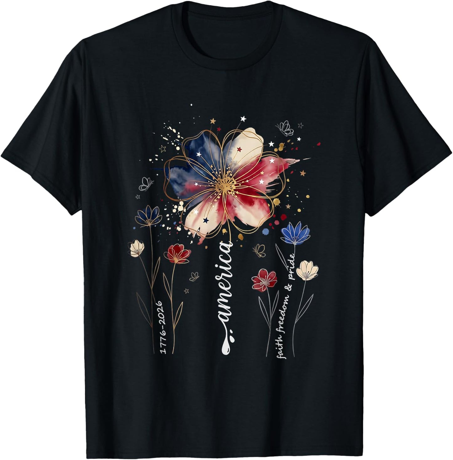 250th Anniversary Wildflower USA Flag Patriotic 4th of July T-Shirt - T-Shirt | Black