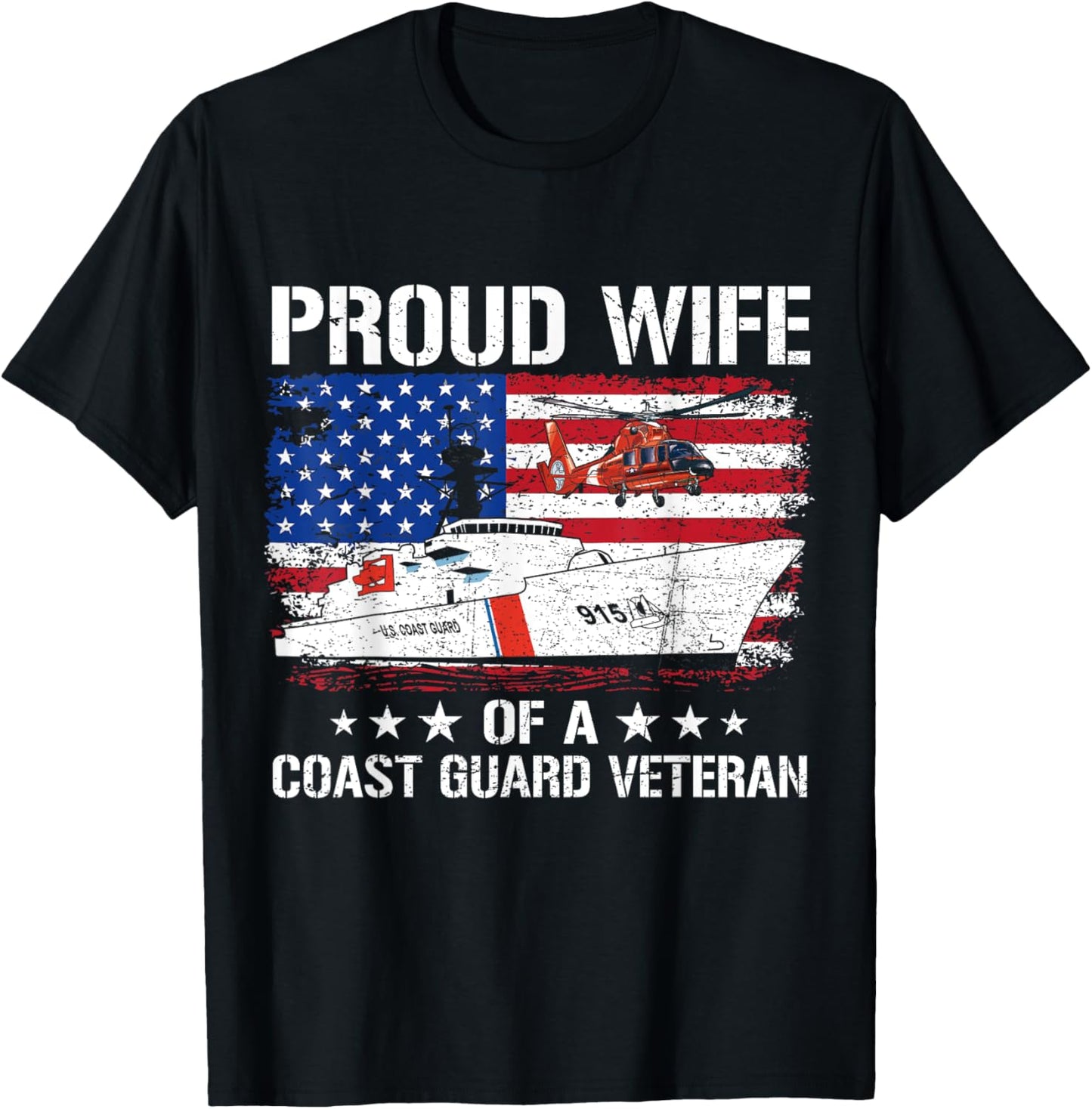 Proud Wife Of A US Coast Guard Veteran Flag USA American T-Shirt - T-Shirt | Black