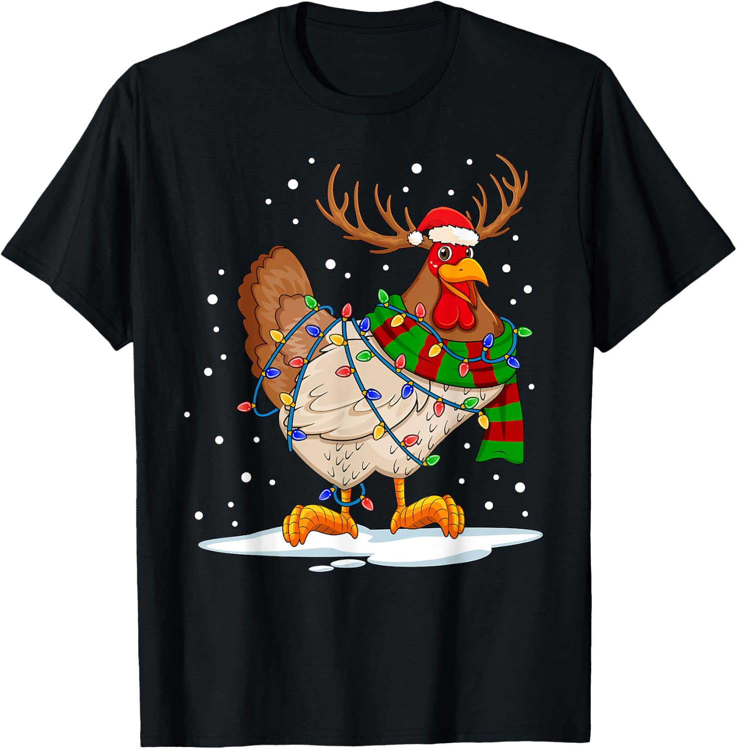 Funny Chicken Christmas Reindeer Christmas Lights Pajama T-Shirt - T-Shirt | Black