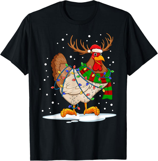 Funny Chicken Christmas Reindeer Christmas Lights Pajama T-Shirt - T-Shirt | Black