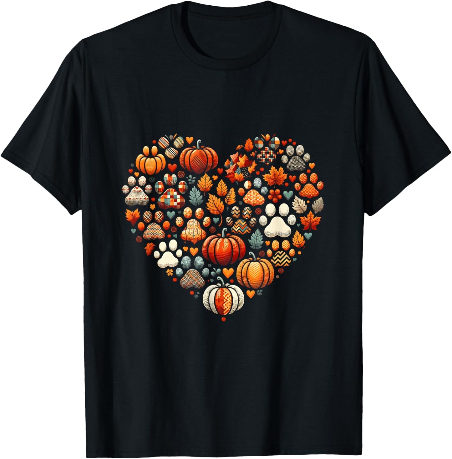Cute Dog Cat Paw Print Pumpkin Autumn Leaf Fall Thanksgiving T-Shirt - T-Shirt | Black
