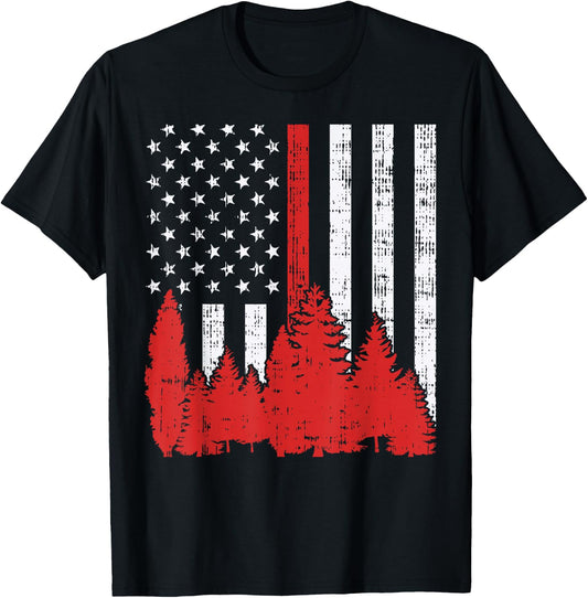 USA Flag Thin Red Line Forest Fire Wildland Firefighter Gift T-Shirt - T-Shirt | Black