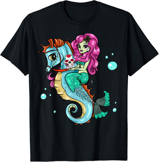 Halloween Skeleton Mermaid Sugar Skull Sea Horse T-Shirt - T-Shirt | Black