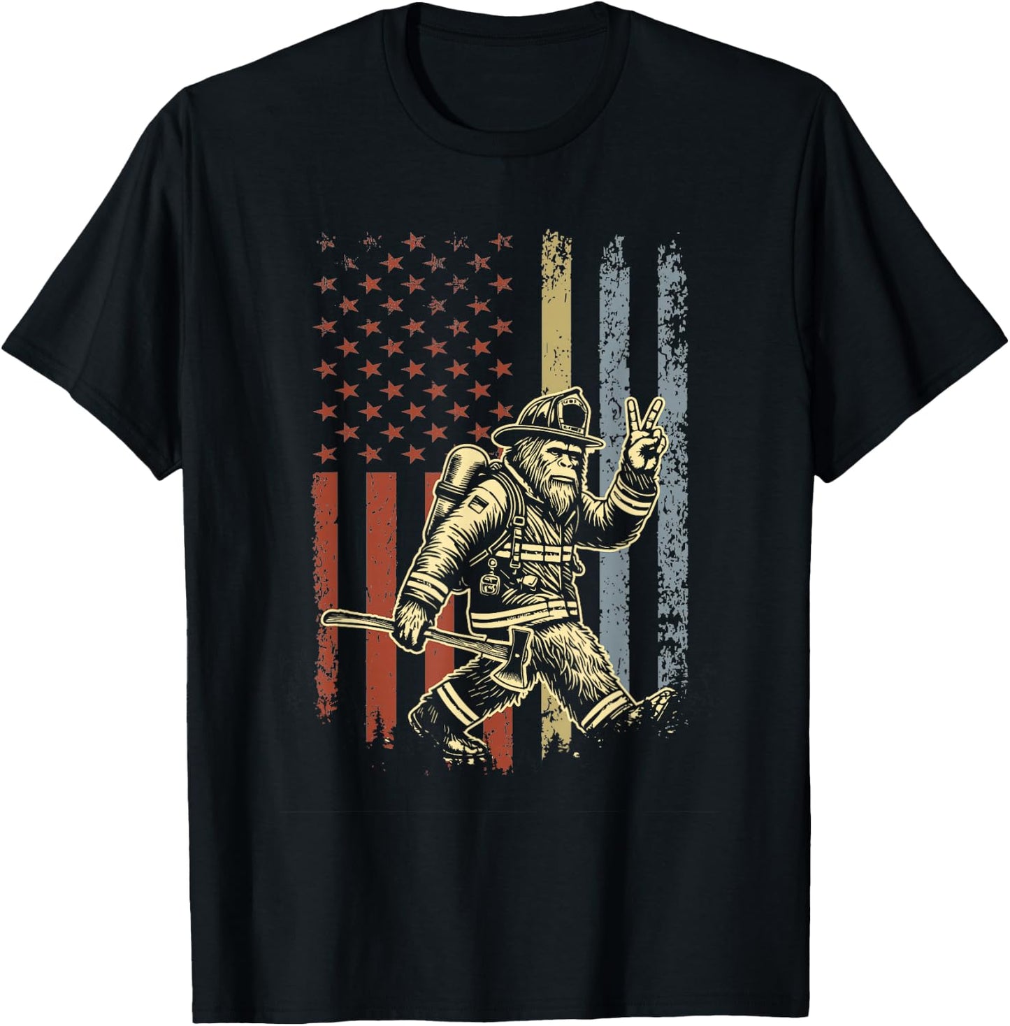 Retro American Flag Bigfoot Firefighter Sasquatch Fireman T-Shirt - T-Shirt | Black