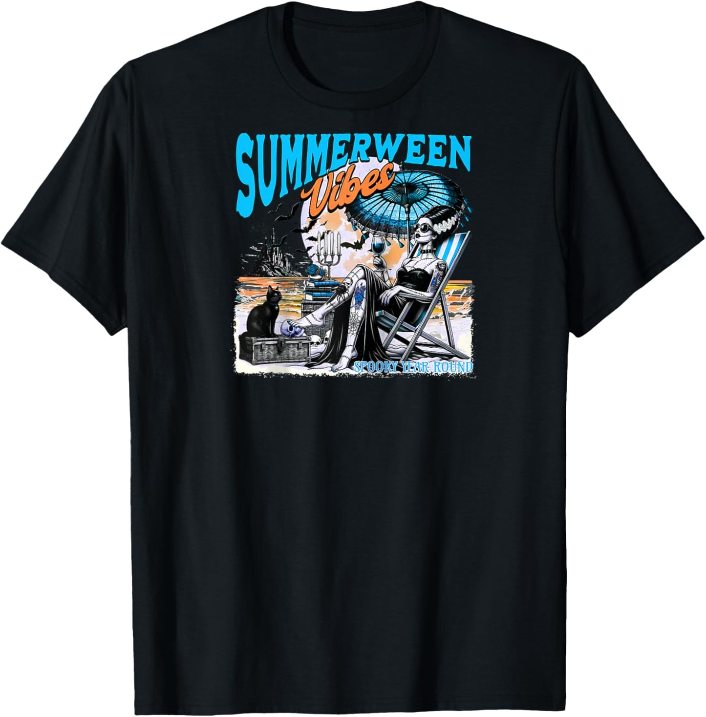 Bride Of Frankenstein, Summerween Vibes Spooky Year Round Raglan Baseball T-Shirt - T-Shirt | Black