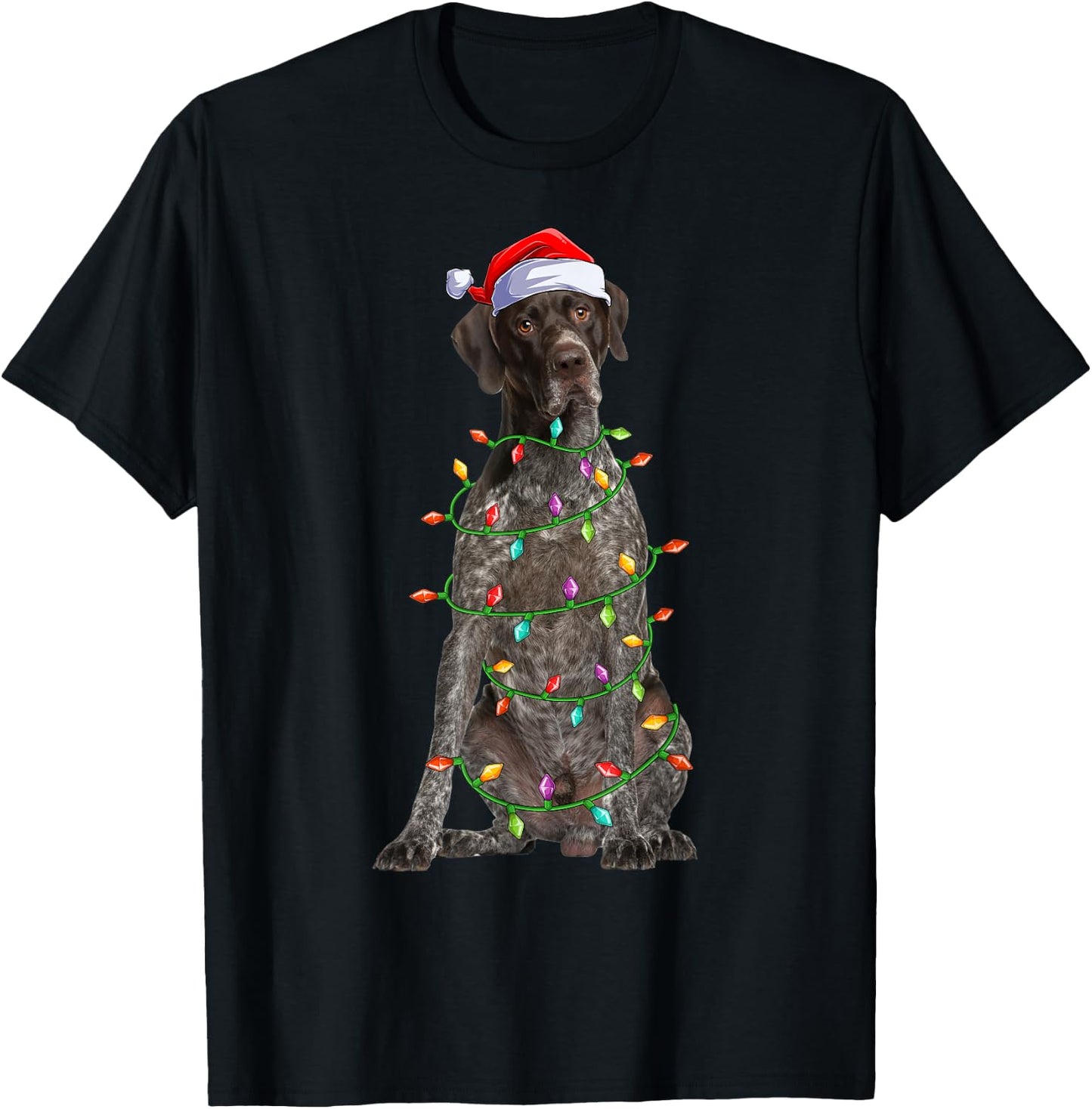 Xmas Lights Santa German Shorthaired Pointer Dog Christmas T-Shirt - T-Shirt | Black