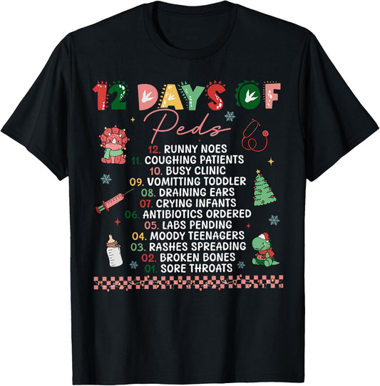 Retro Christmas Pediatric 12 Days of Peds Nurse Nursing T-Shirt - T-Shirt | Black