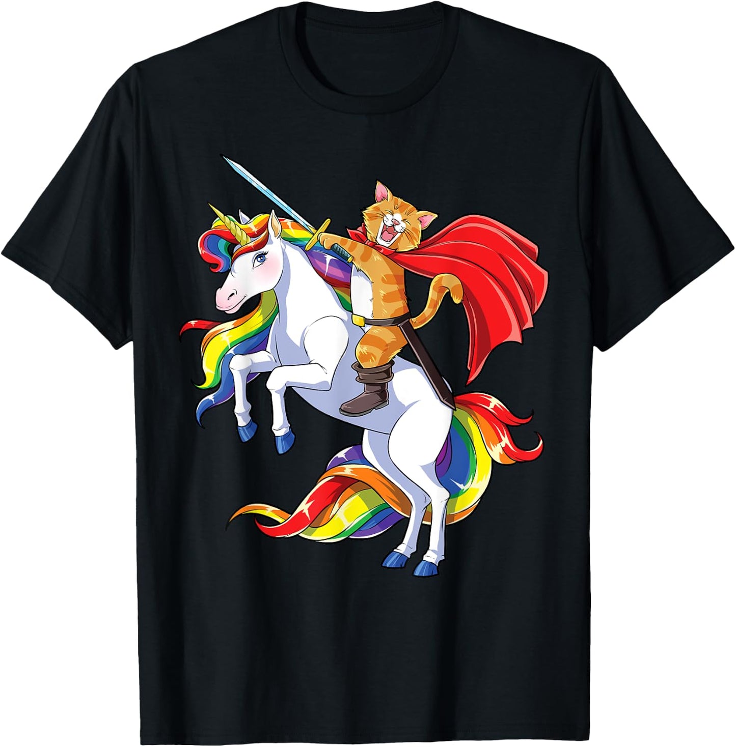 Cat Riding Unicorn Funny Caticorn Kittycorn Kitty Kitten Women Kids T-Shirt - T-Shirt | Black