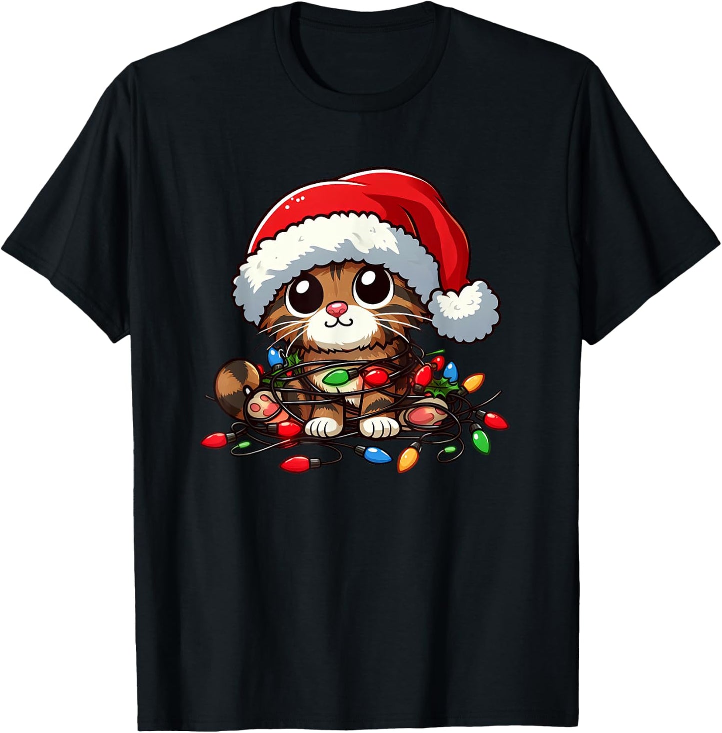 Brown Tabby Cat Christmas Lights Pet Funny Xmas T-Shirt - T-Shirt | Black