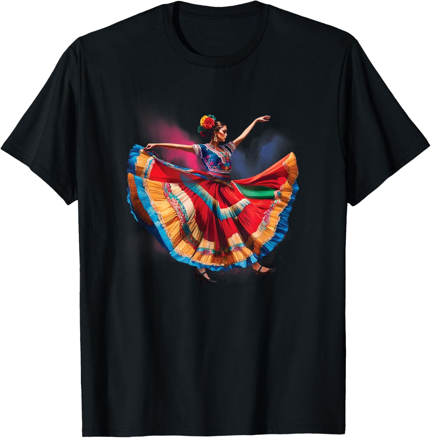 Folklorico Woman Dancing Mexican Heritage Folk Dance T-Shirt - T-Shirt | Black
