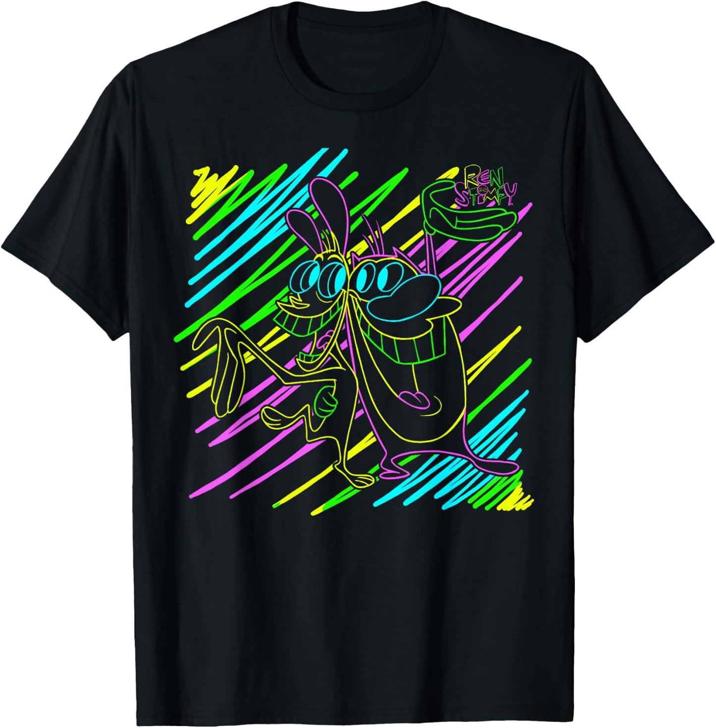 Ren and Stimpy Neon Line Art T-Shirt - T-Shirt | Black