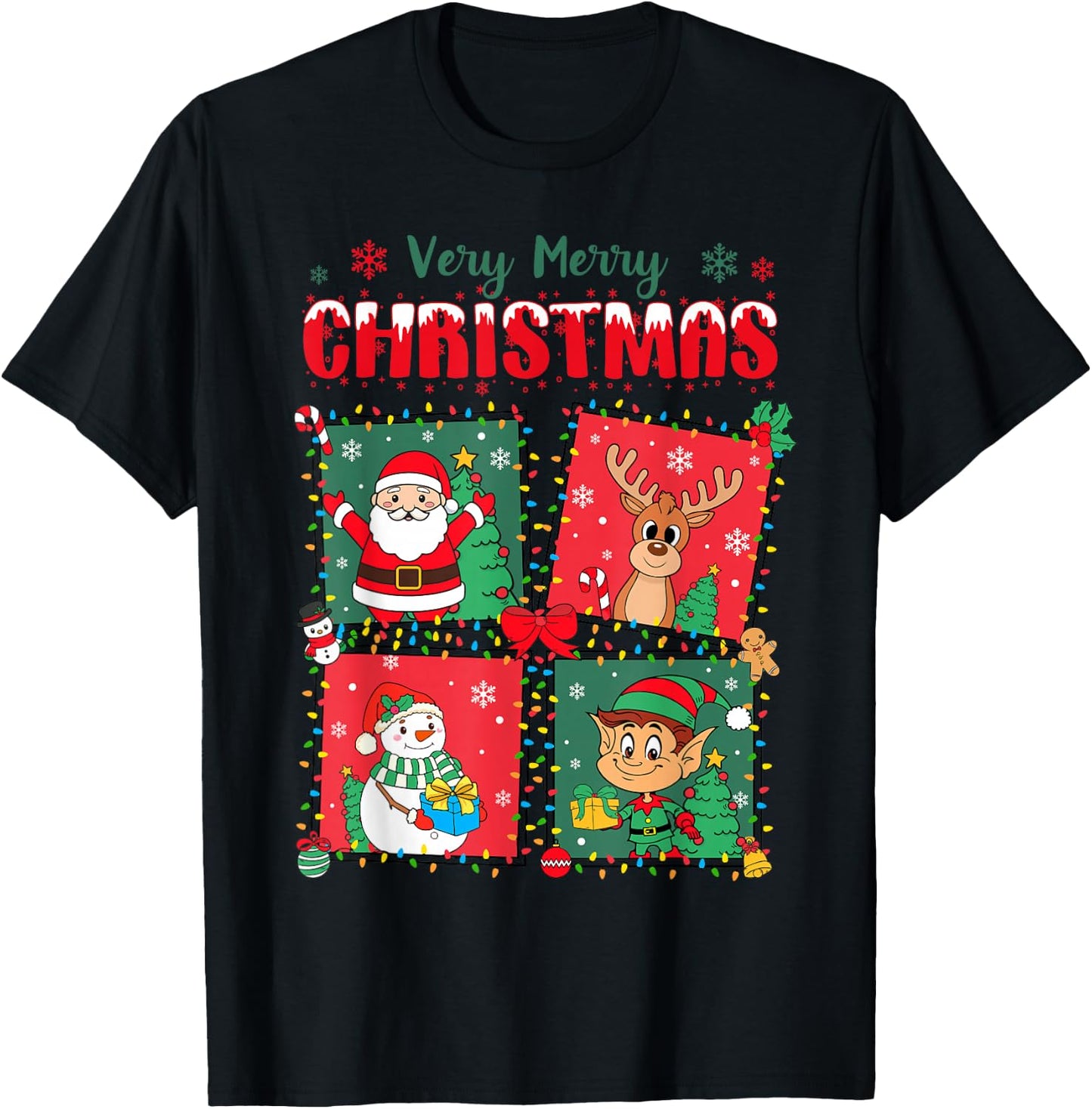 Very Merry Christmas Santa, Reindeer, Snowman, Elf Xmas Cute T-Shirt - T-Shirt | Black