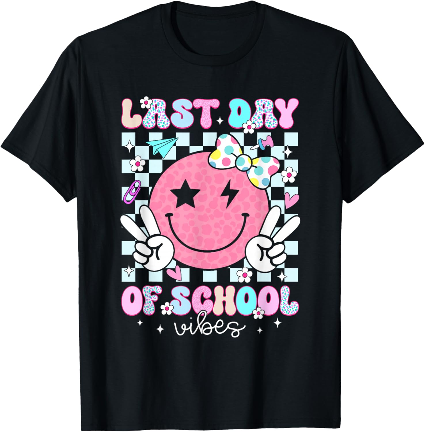 Groovy Last Day of School Vibes Smile Face Graduation Kids T-Shirt - T-Shirt | Black