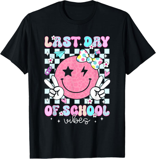 Groovy Last Day of School Vibes Smile Face Graduation Kids T-Shirt - T-Shirt | Black