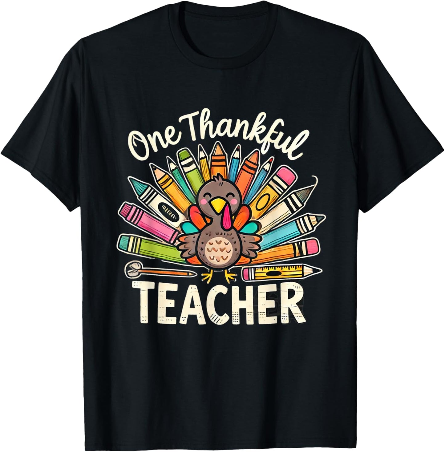 One Thankful Teacher Cute Thanksgiving Turkey School T-Shirt - T-Shirt | Black
