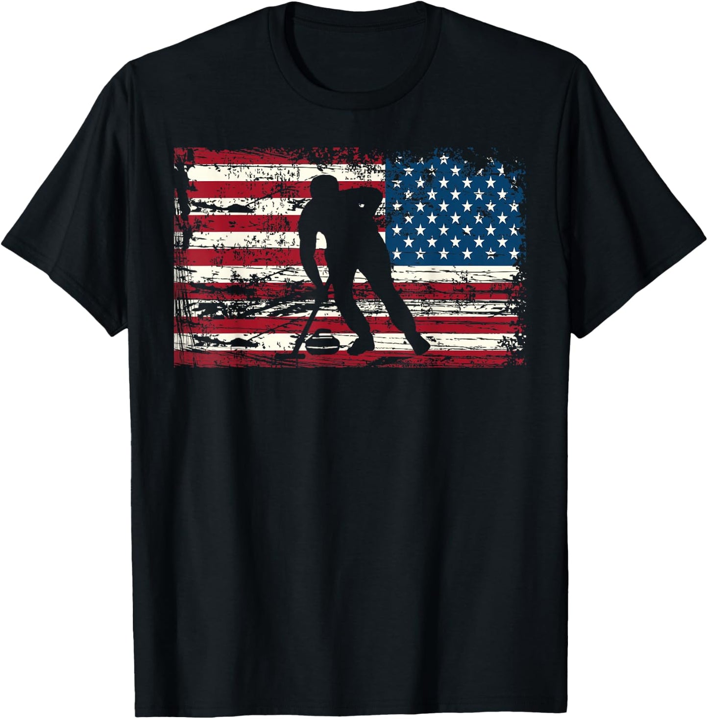 Curling American Flag USA Winter Sports Man Woman T-Shirt - T-Shirt | Black