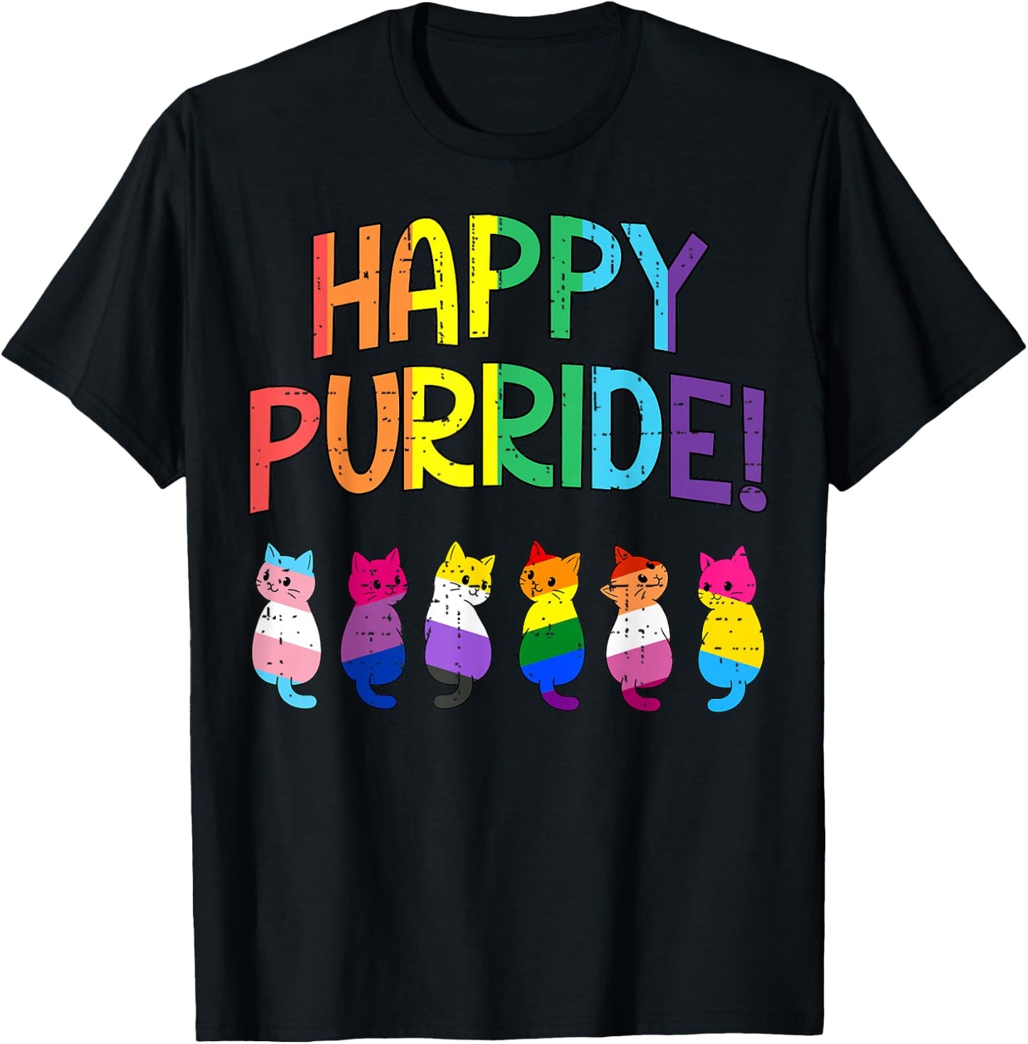 LGBTQ Flag Cats Happy Purride Gay Pride Month Ally Men Women T-Shirt - T-Shirt | Black