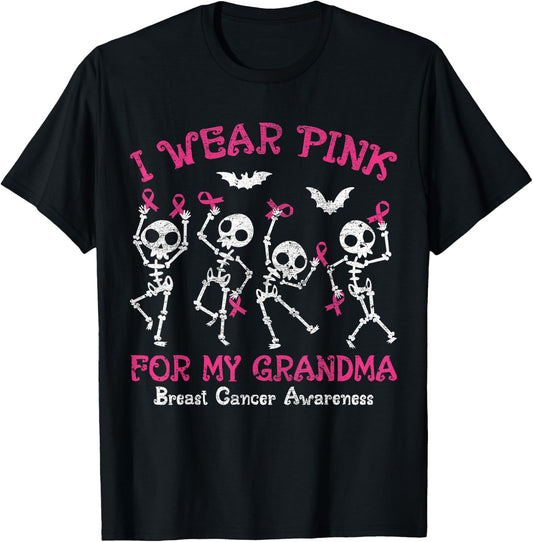 I Wear Pink For My Grandma Breast Cancer Awareness Skeletons T-Shirt - T-Shirt | Black