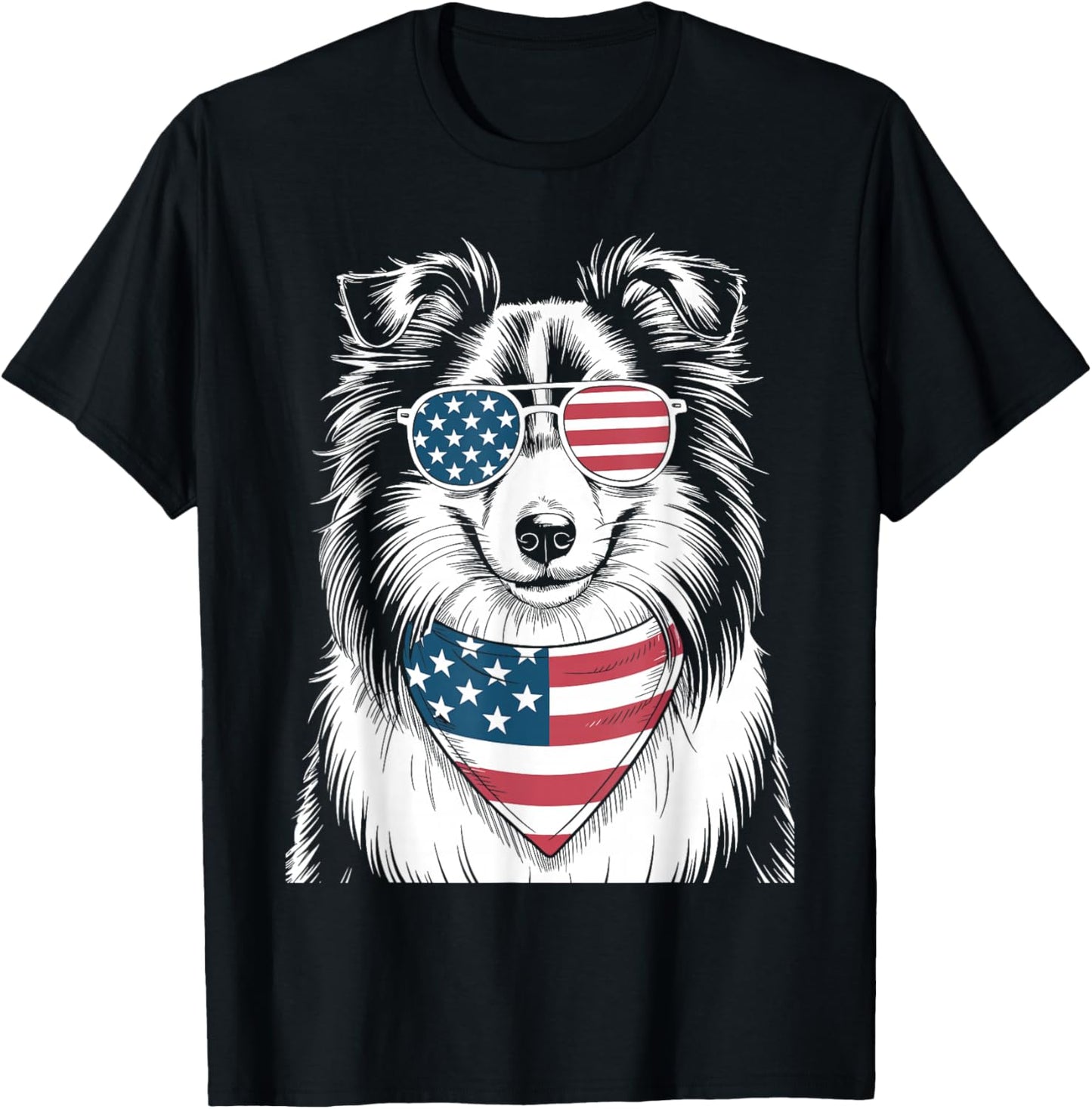Shetland Sheepdog Dog USA Flag Patriotic 4th of July Men Women Kids T-Shirt - T-Shirt | Black