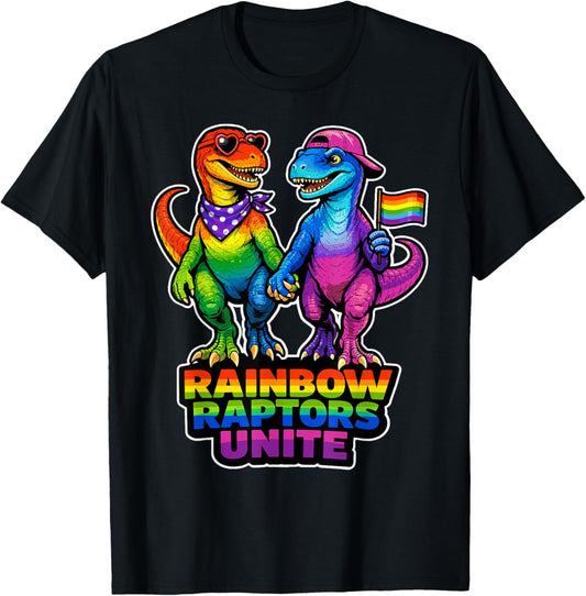 Rainbow Raptors Unite Pride Dino Unity LGBTQ Design T-Shirt - T-Shirt | Black