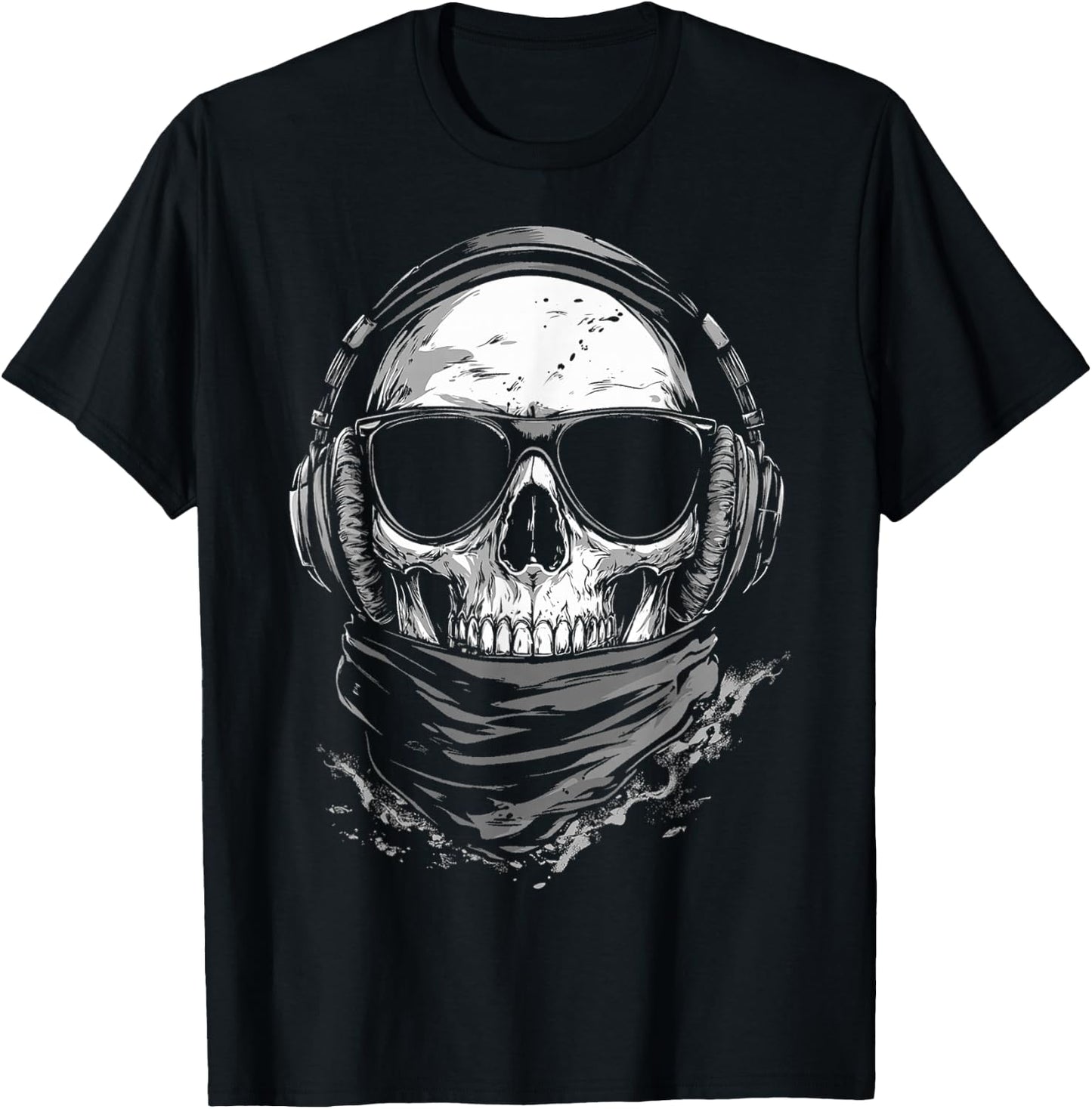 Skull Music Headphone Motif Sunglasses Artwork Skull T-Shirt - T-Shirt | Black