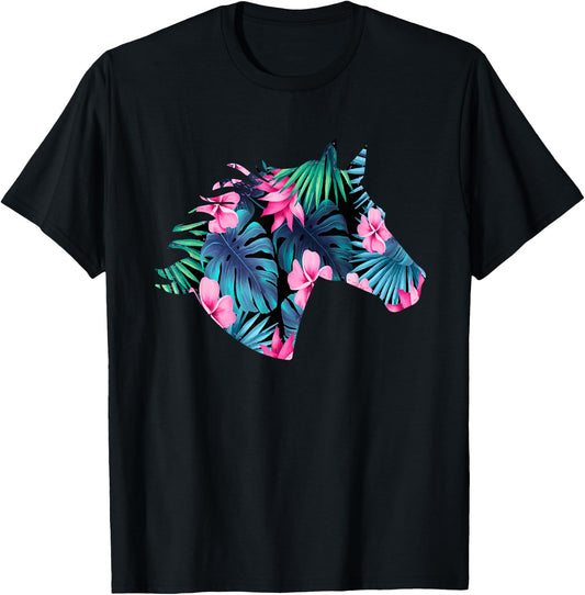 Horse Silhouette | For Horse Lover | Hawaiian Floral T-Shirt - T-Shirt | Black
