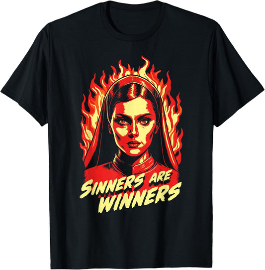 Sinners Are Winners Pretty Satanic Nun T-Shirt - T-Shirt | Black