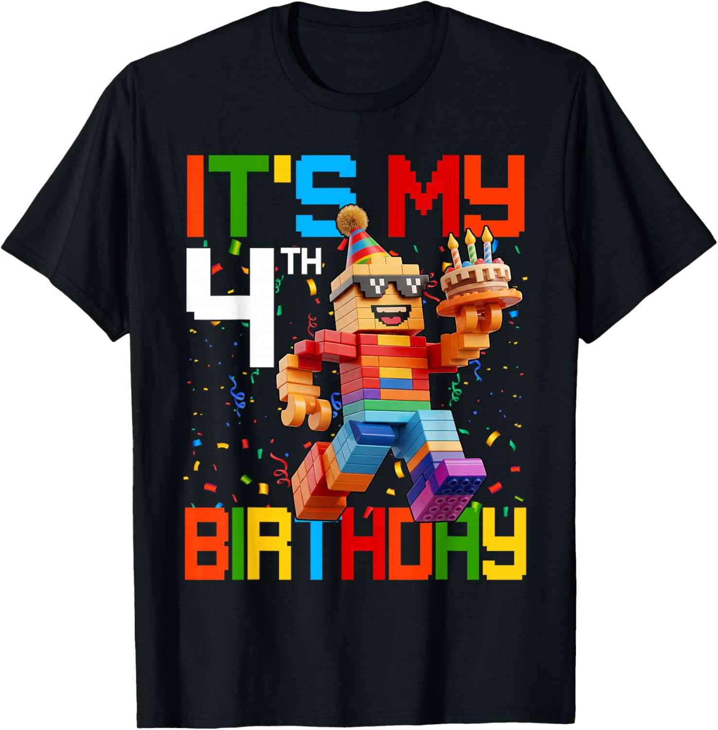 It's My 4th Birthday Boys Building Brick 4 Years Old Kids T-Shirt - T-Shirt | Black