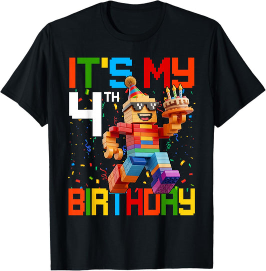 It's My 4th Birthday Boys Building Brick 4 Years Old Kids T-Shirt - T-Shirt | Black