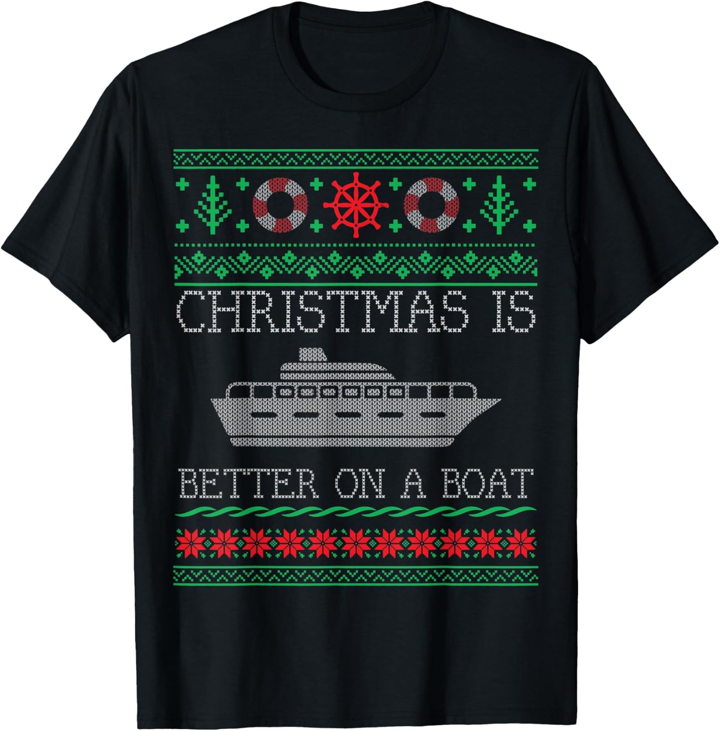 Boating Christmas Is Better On Pontoon Boat Ugly Christmas T-Shirt - T-Shirt | Black