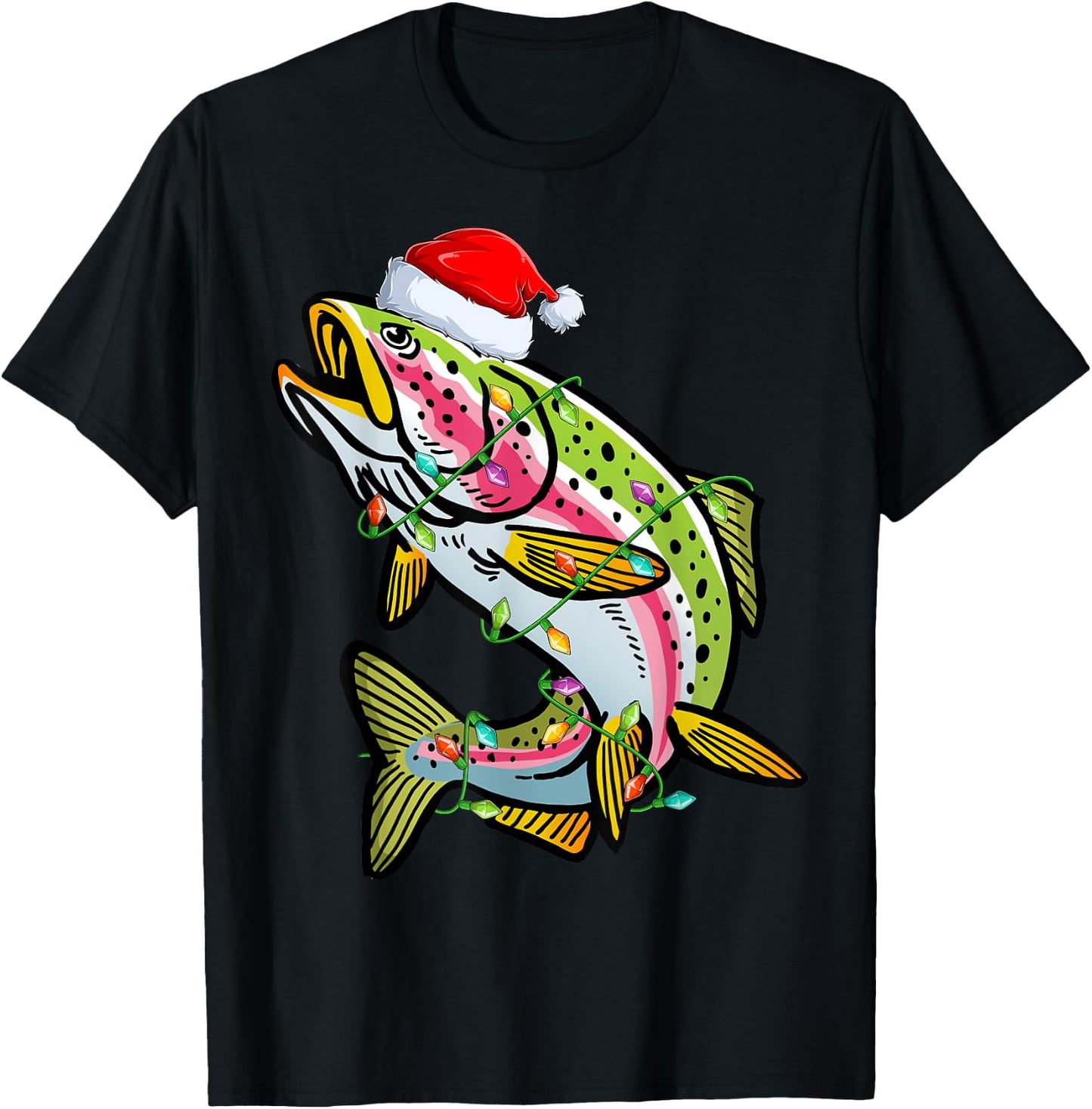Xmas Lights Santa Hat Rainbow Trout Fish Christmas T-Shirt - T-Shirt | Black