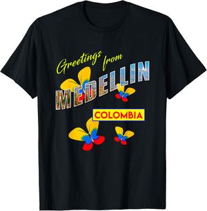 Greetings From Medellin Colombia Retro Postcard Style T-Shirt - T-Shirt | Black