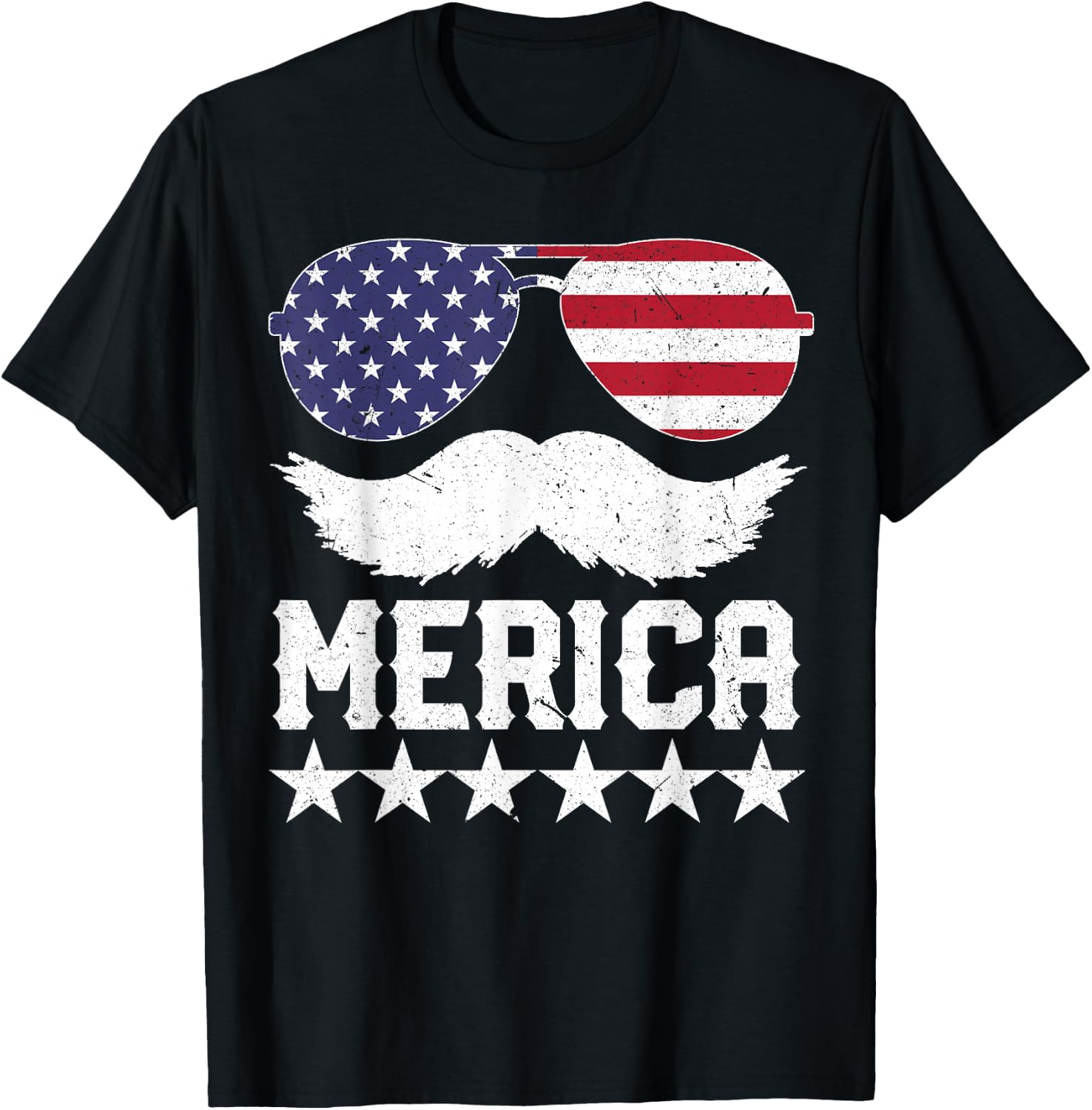 4th of July T Shirt Women Men MERICA America Flag Mustache T-Shirt - T-Shirt | Black