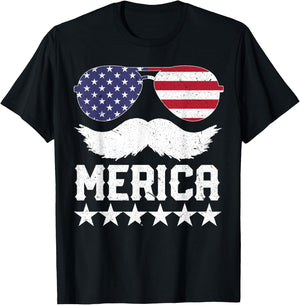 4th of July T Shirt Women Men MERICA America Flag Mustache T-Shirt - T-Shirt | Black