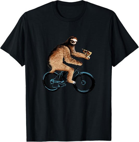 Sloth Riding a Bicycle Eating Pizza , Fatbike T-Shirt - T-Shirt | Black